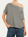 Maglia scollo a barca in cotone maniche corte a righe Florida - Nero