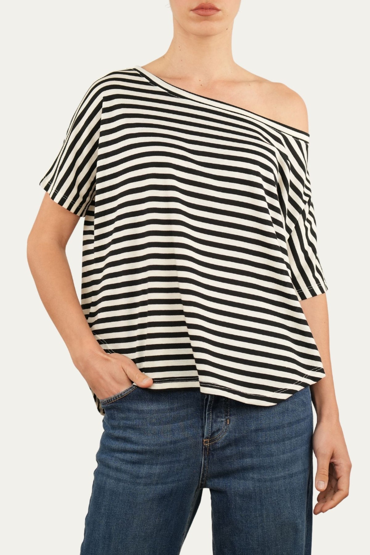 Maglia scollo a barca in cotone maniche corte a righe Florida - Nero