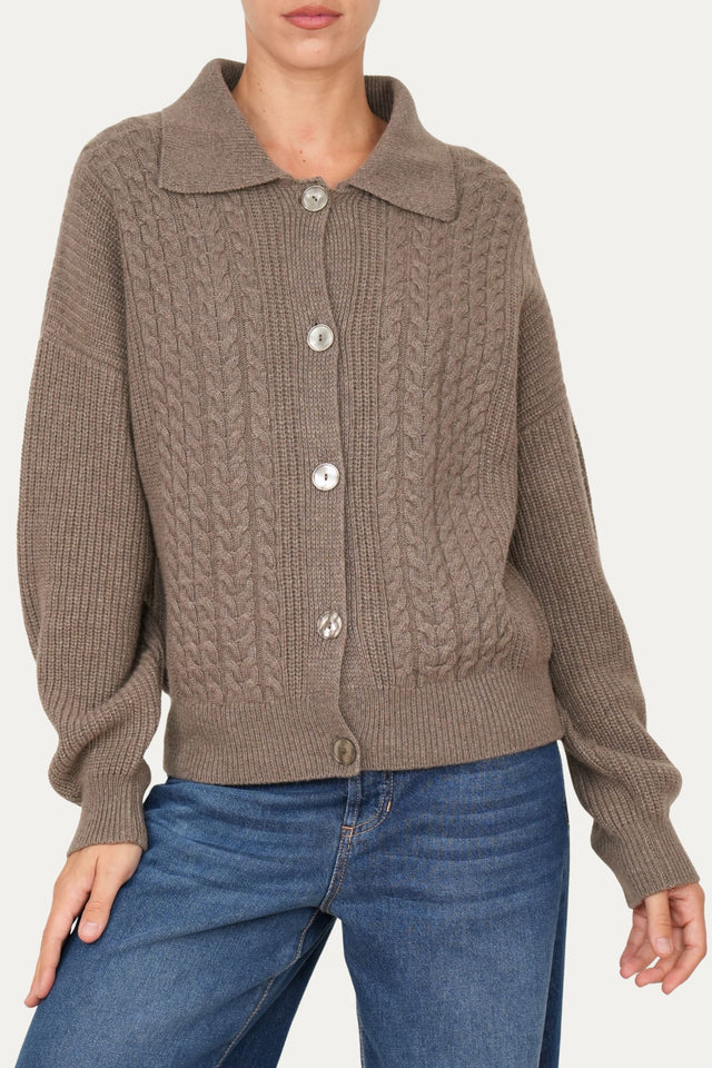 Maglia POLO con bottoni ricamata misto cashmere - Noce