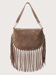 Borsa mezza luna frange in camoscio - Khaki