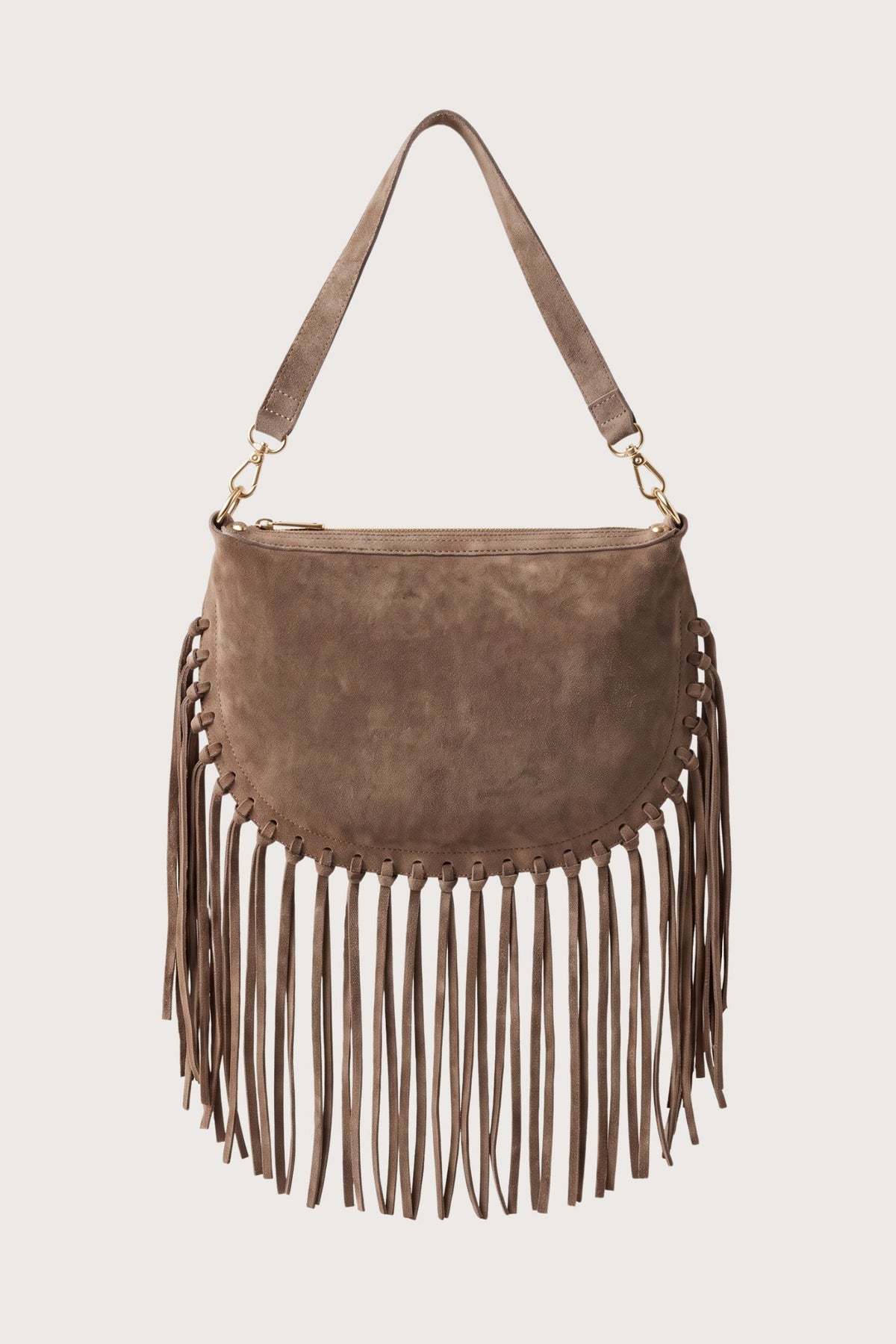 Borsa mezza luna frange in camoscio - Khaki