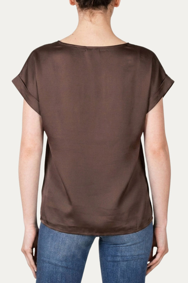 Blusa scollo a V in raso di viscosa - Cioccolato