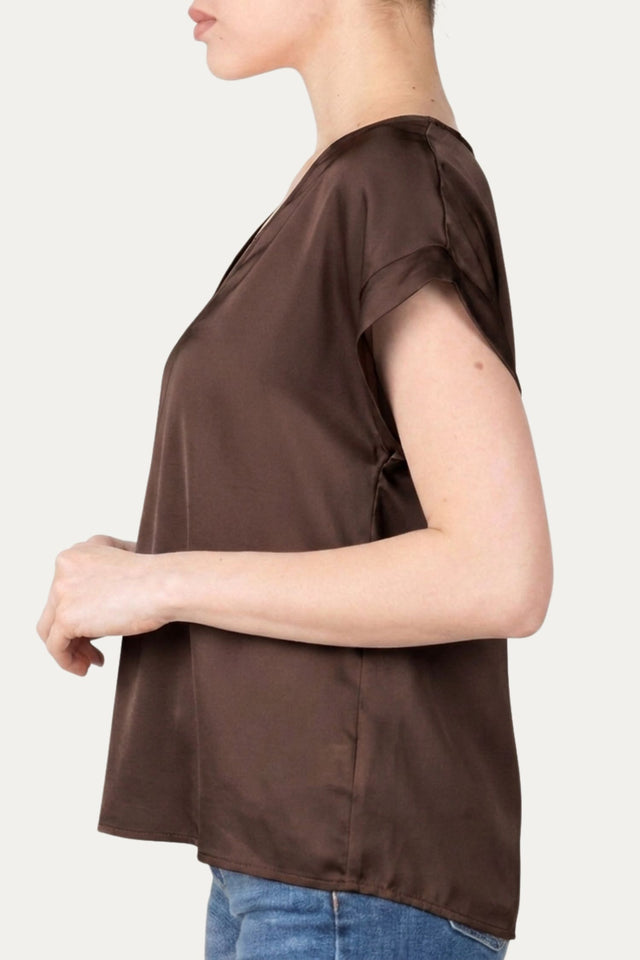 Blusa scollo a V in raso di viscosa - Cioccolato