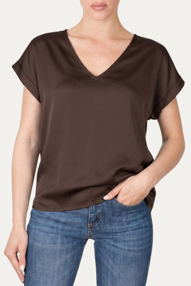 Blusa scollo a V in raso di viscosa - Cioccolato