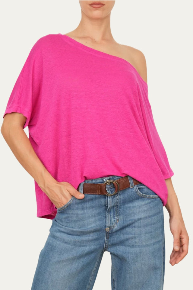 Maglia scollo a barca spalla scesa in Lino - Fucsia