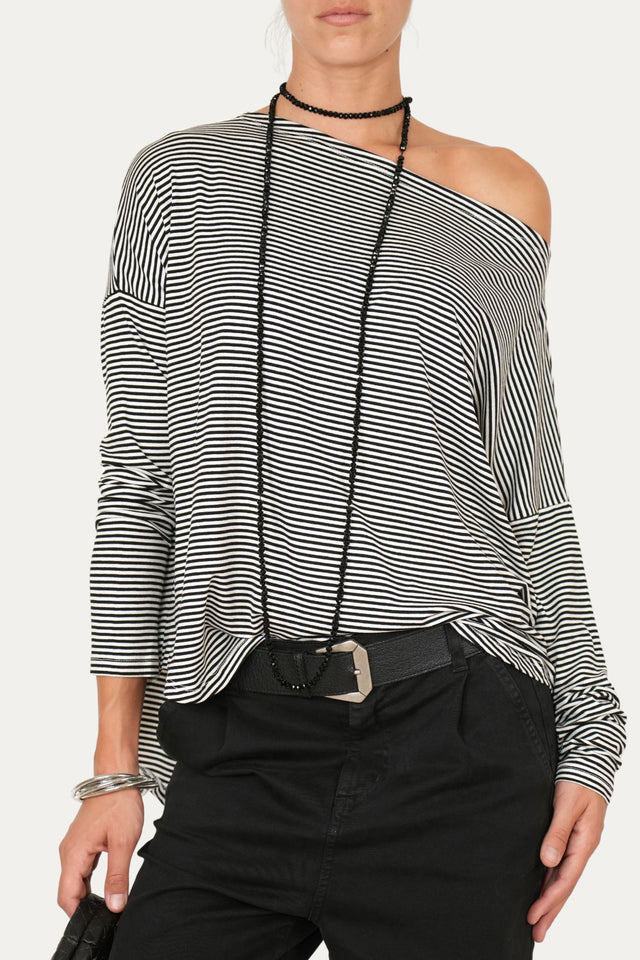 Maglia scollo barca spalla scesa righe Kansas - Nero