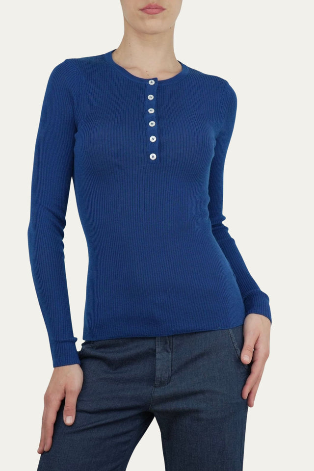 Maglia slim a costine con bottoncini - Blu Navy