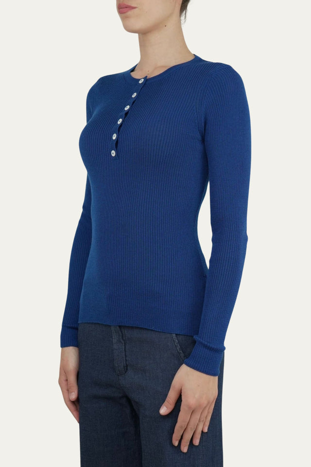 Maglia slim a costine con bottoncini - Blu Navy