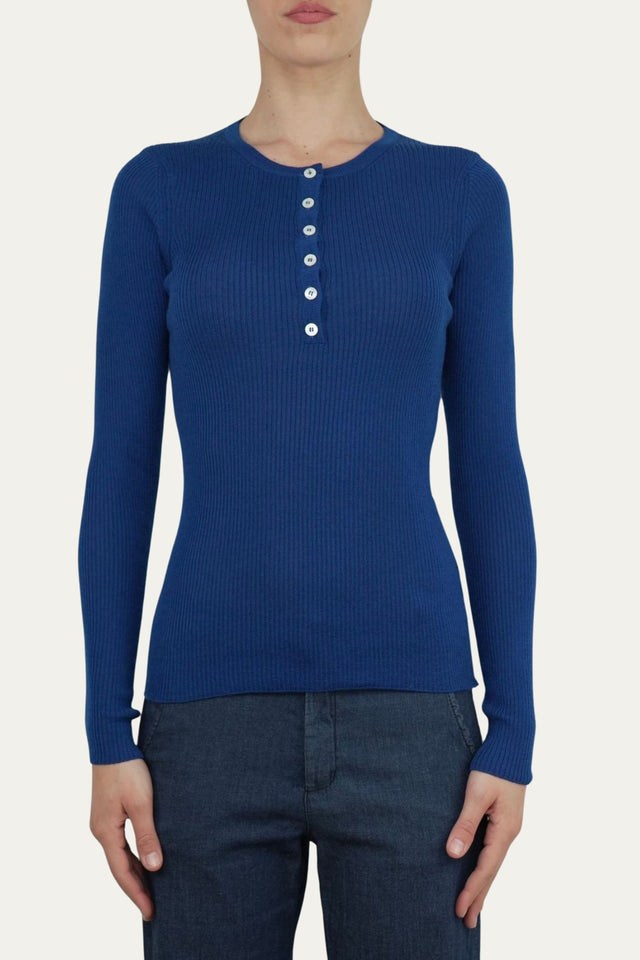 Maglia slim a costine con bottoncini - Blu Navy