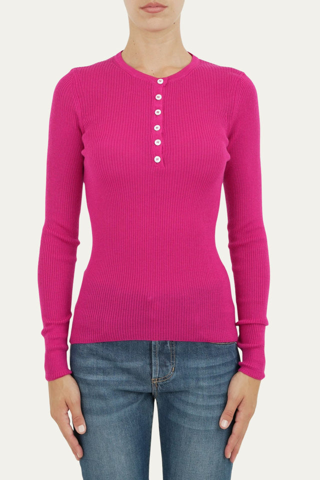 Maglia slim a costine con bottoncini - Fucsia
