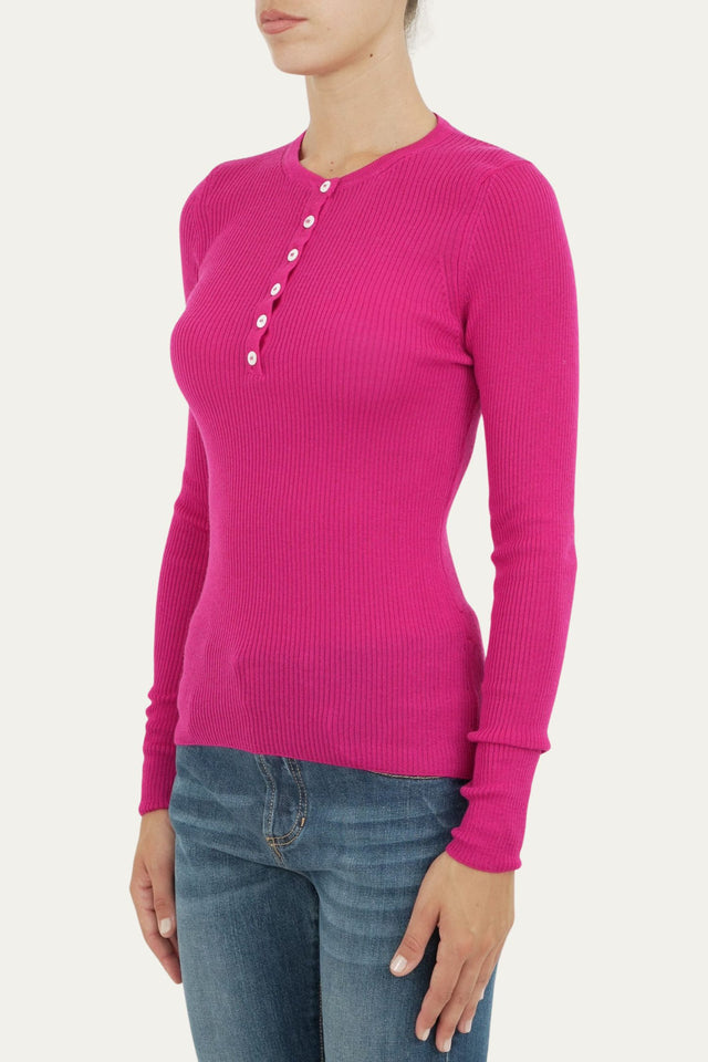 Maglia slim a costine con bottoncini - Fucsia