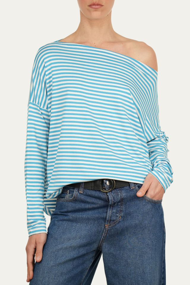 Maglia scollo barca spalla scesa righe Florida Viscosa - Turchese