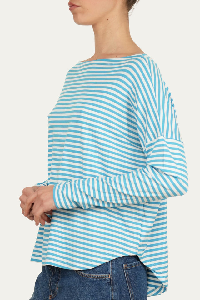 Maglia scollo barca spalla scesa righe Florida Viscosa - Turchese