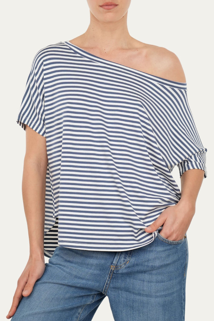 Maglia scollo barca spalla scesa corta righe Florida - Blu
