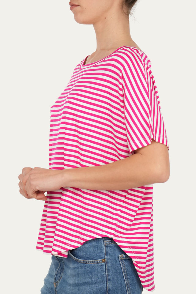 Maglia scollo barca spalla scesa corta righe Florida - Fucsia