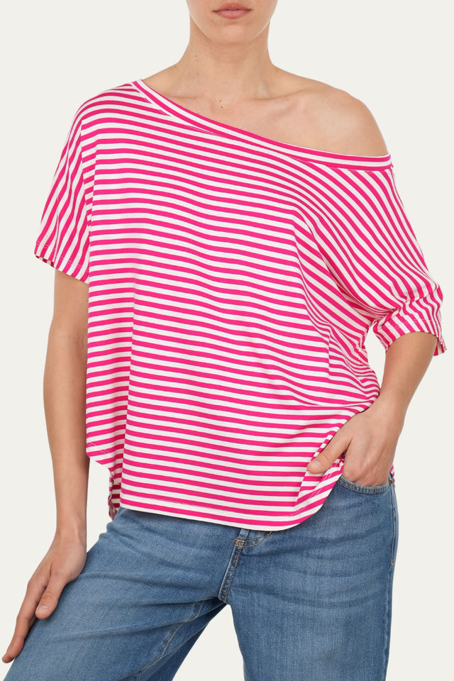 Maglia scollo barca spalla scesa corta righe Florida - Fucsia