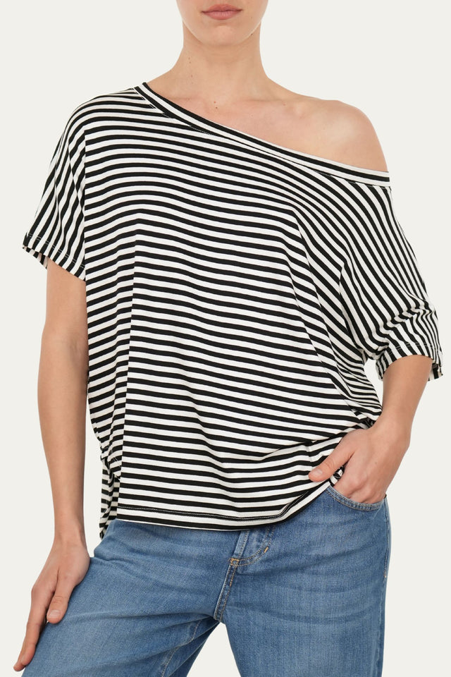 Maglia scollo barca spalla scesa corta righe Florida - Nero