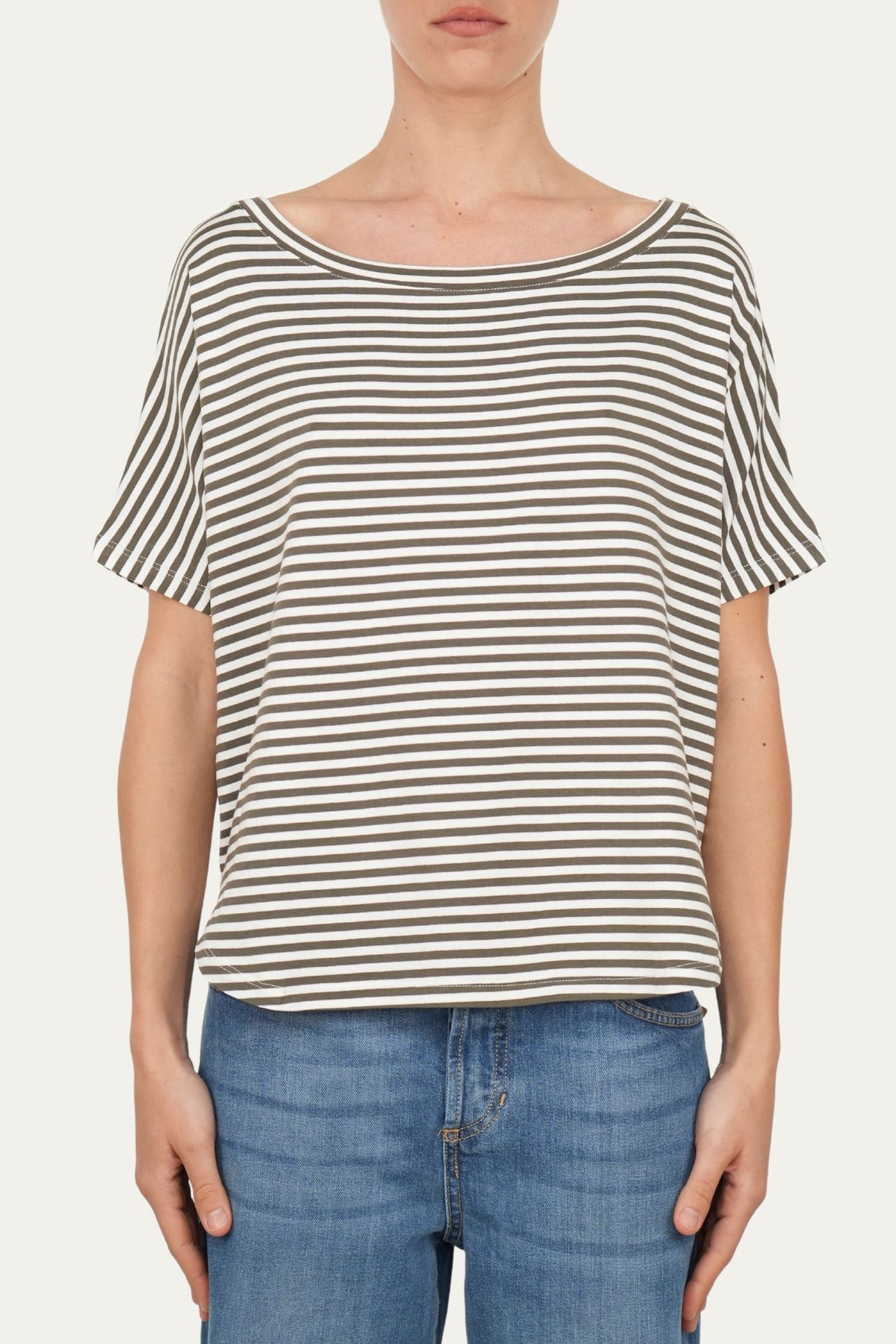 Maglia scollo barca spalla scesa corta righe Florida - Salvia