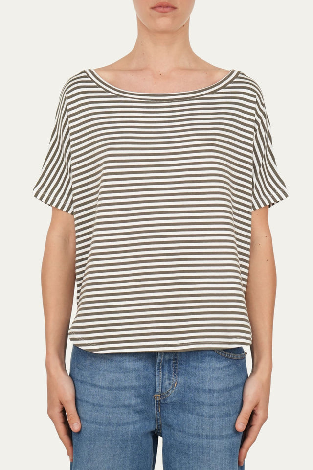 Maglia scollo barca spalla scesa corta righe Florida - Salvia