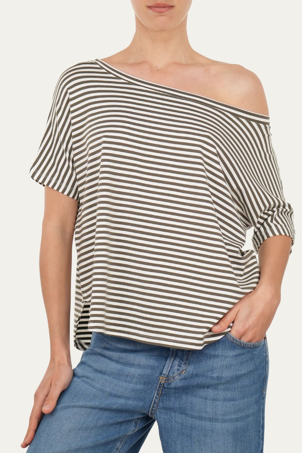 Maglia scollo barca spalla scesa corta righe Florida - Salvia