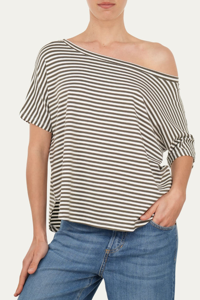 Maglia scollo barca spalla scesa corta righe Florida - Salvia