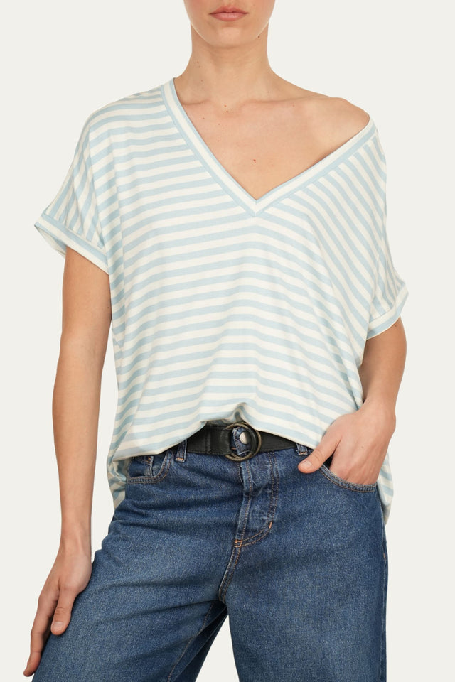 Maglia scollo a V righe Boston Viscosa - Cielo