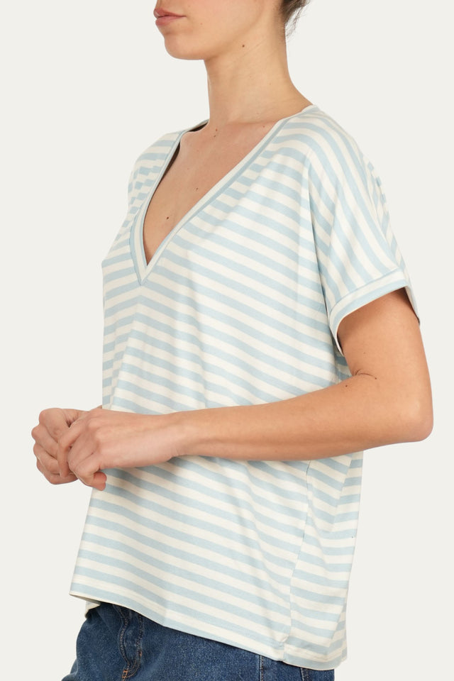 Maglia scollo a V righe Boston Viscosa - Cielo
