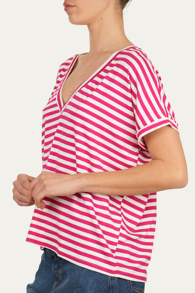 Maglia scollo a V righe Boston Viscosa - Fucsia