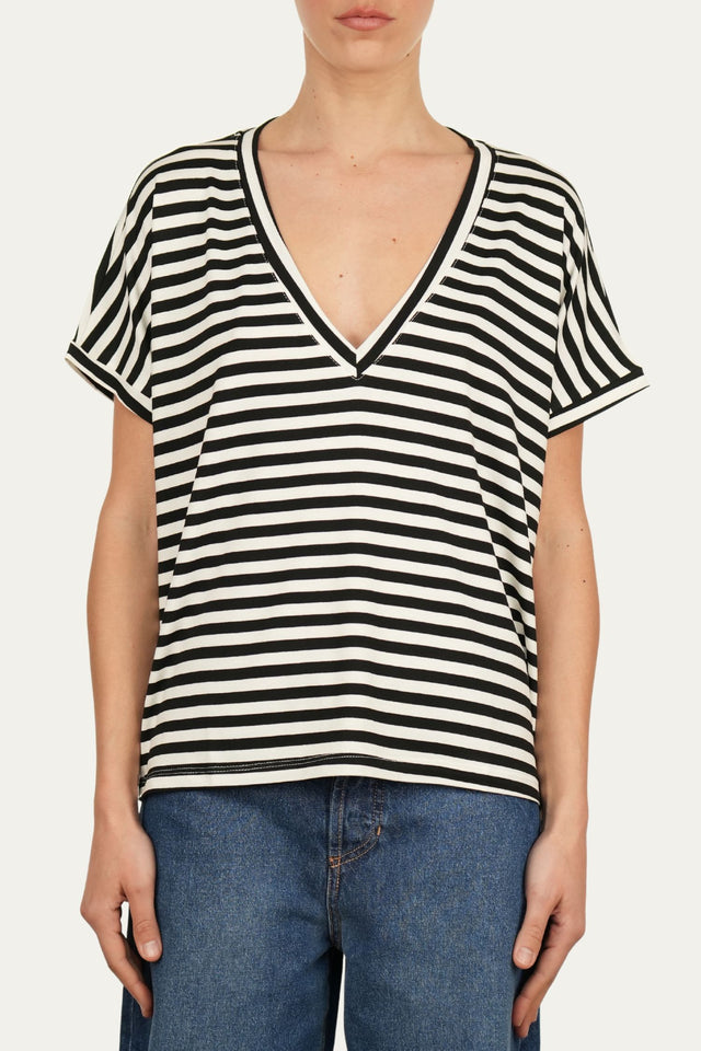 Maglia scollo a V righe Boston Viscosa - Nero