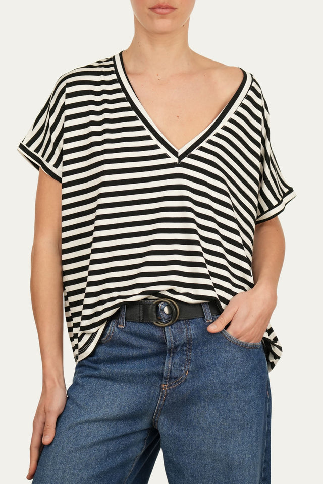 Maglia scollo a V righe Boston Viscosa - Nero