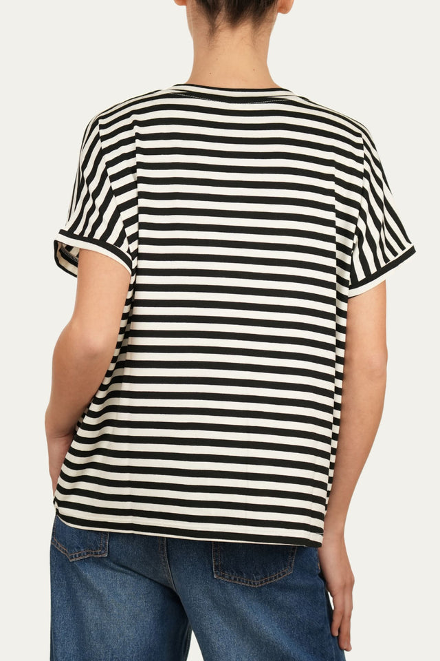 Maglia scollo a V righe Boston Viscosa - Nero