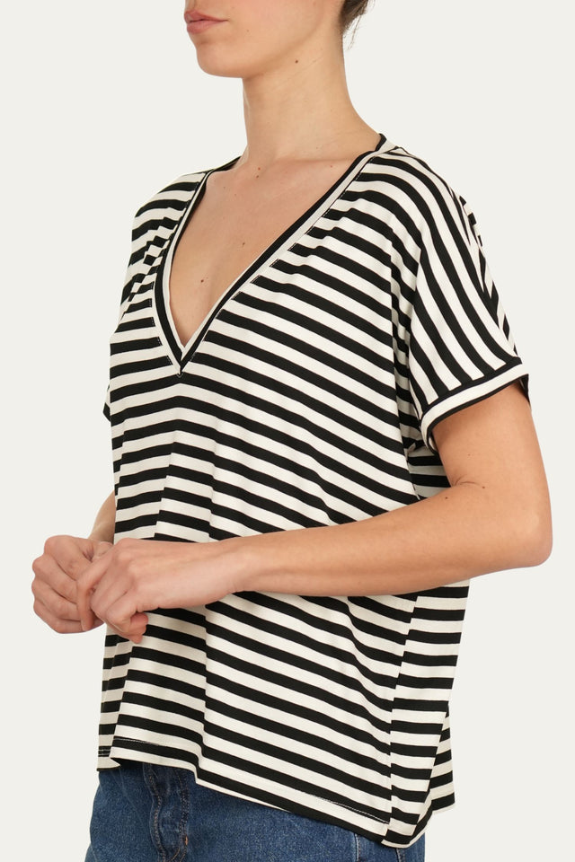 Maglia scollo a V righe Boston Viscosa - Nero