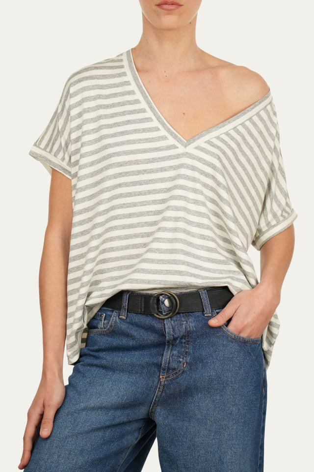 Maglia scollo a V righe Boston Viscosa - Perla