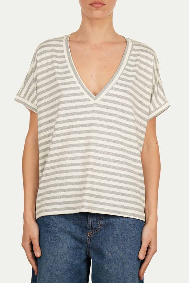 Maglia scollo a V righe Boston Viscosa - Perla