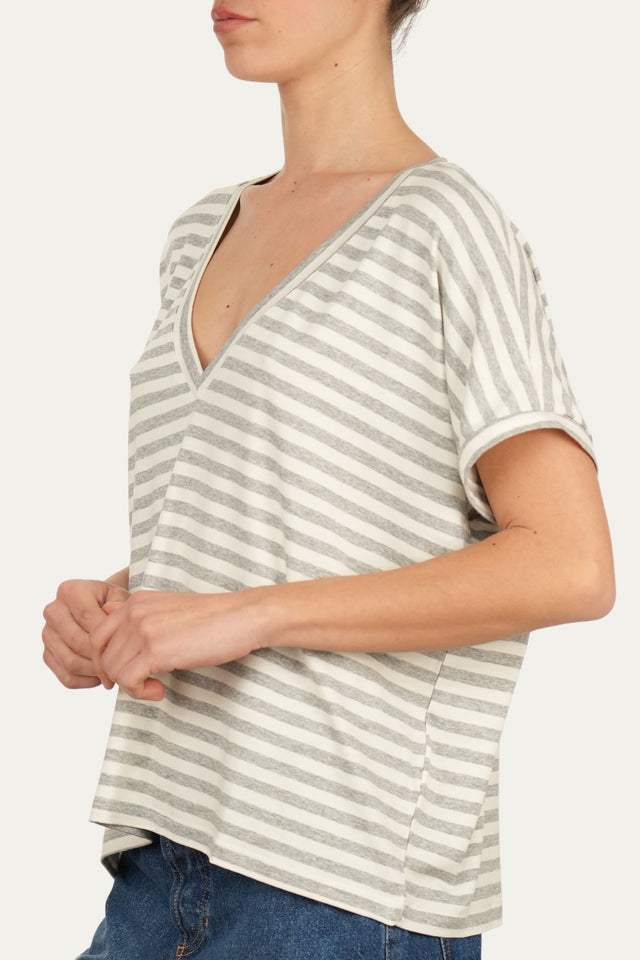 Maglia scollo a V righe Boston Viscosa - Perla