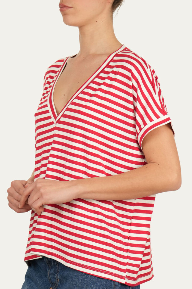 Maglia scollo a V righe Boston Viscosa - Rosso