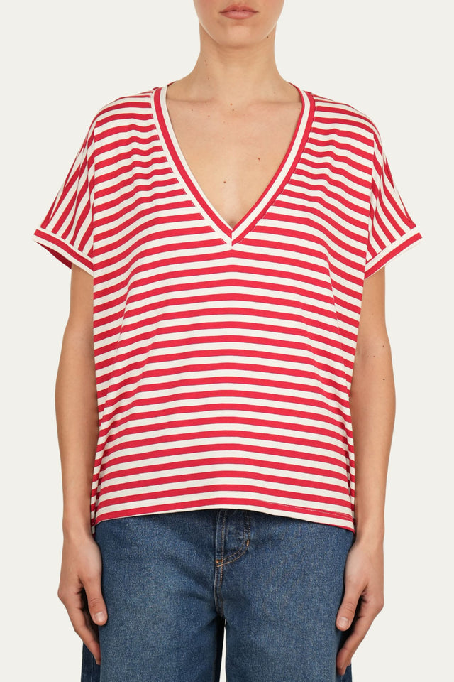 Maglia scollo a V righe Boston Viscosa - Rosso