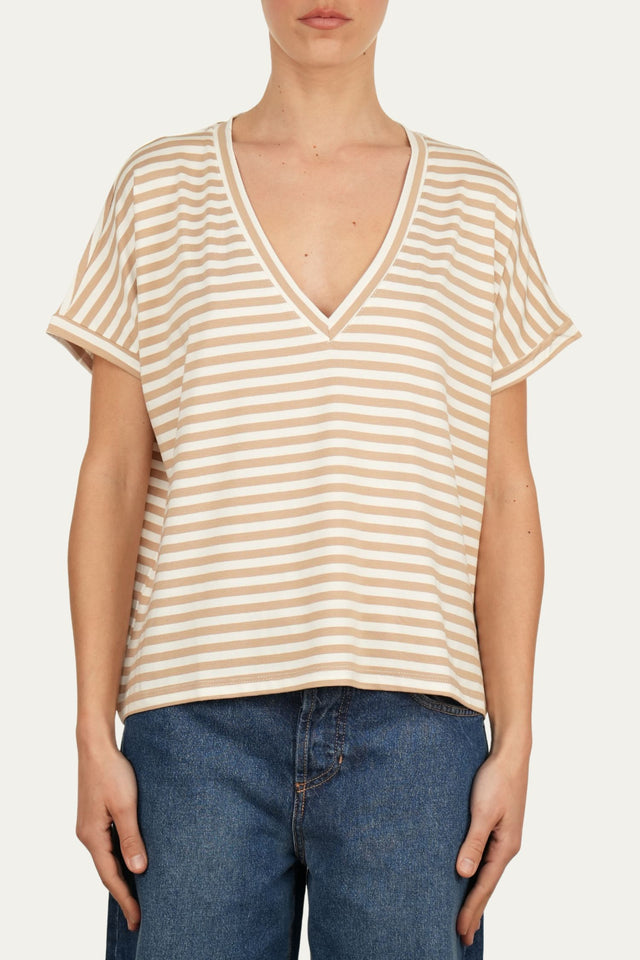 Maglia scollo a V righe Boston Viscosa - Sabbia