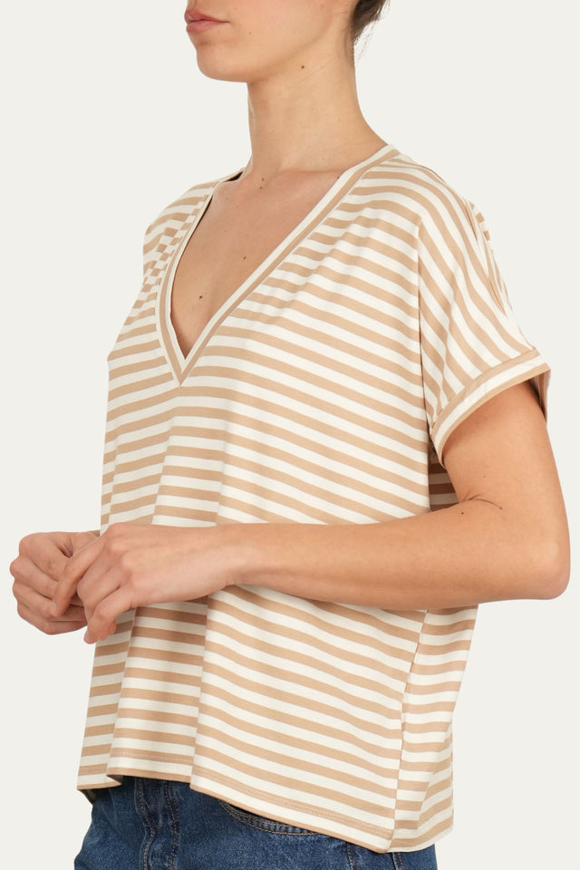 Maglia scollo a V righe Boston Viscosa - Sabbia