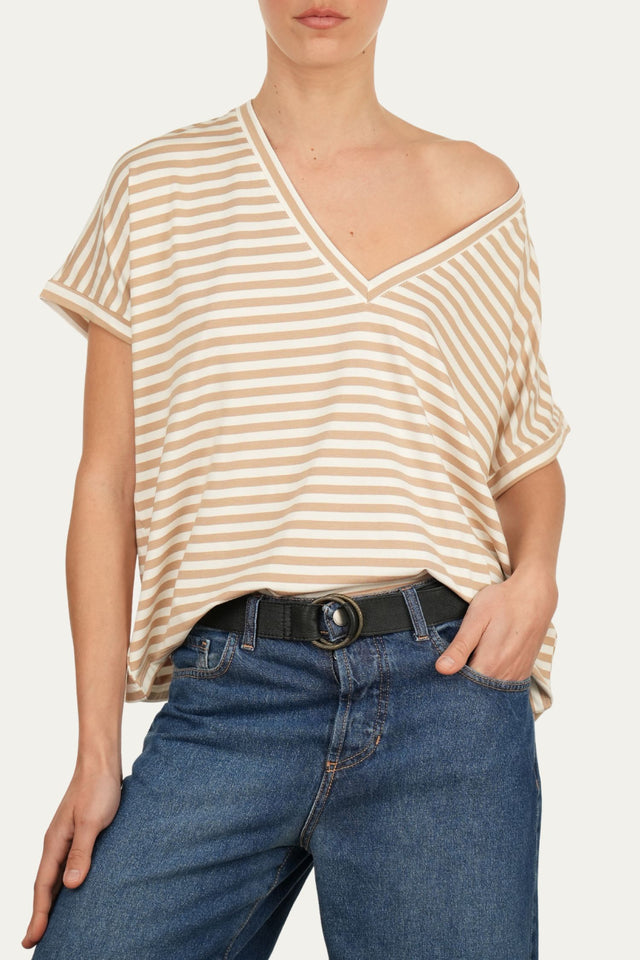 Maglia scollo a V righe Boston Viscosa - Sabbia