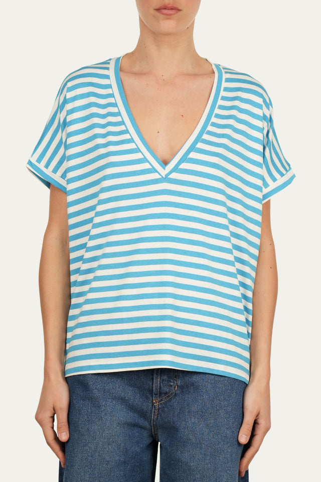 Maglia scollo a V righe Boston Viscosa - Turchese