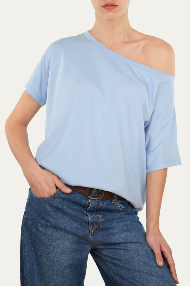 Maglia scollo a barca maniche corte Cotone - Celeste Pastello