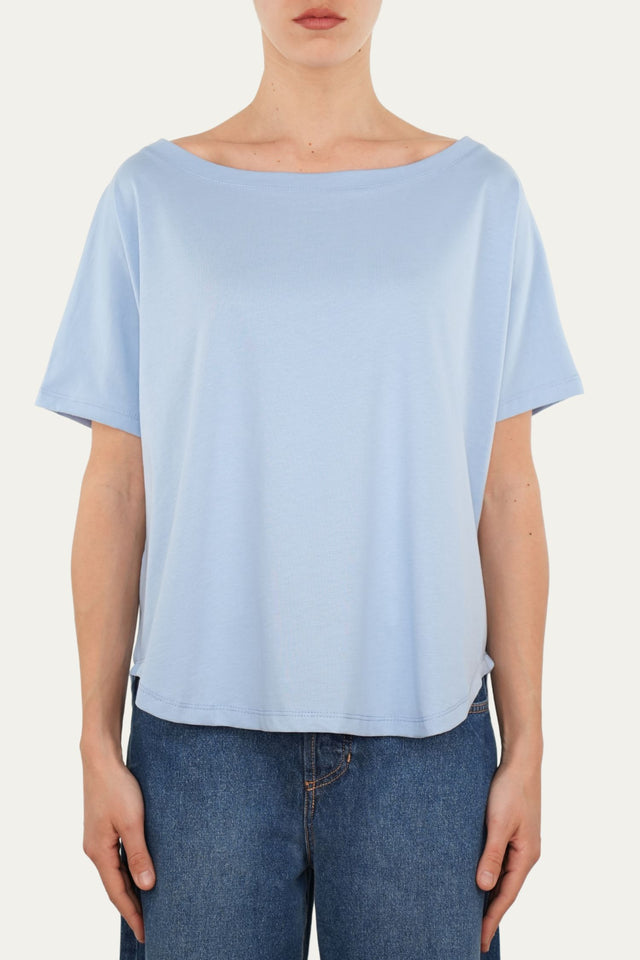 Maglia scollo a barca maniche corte Cotone - Celeste Pastello