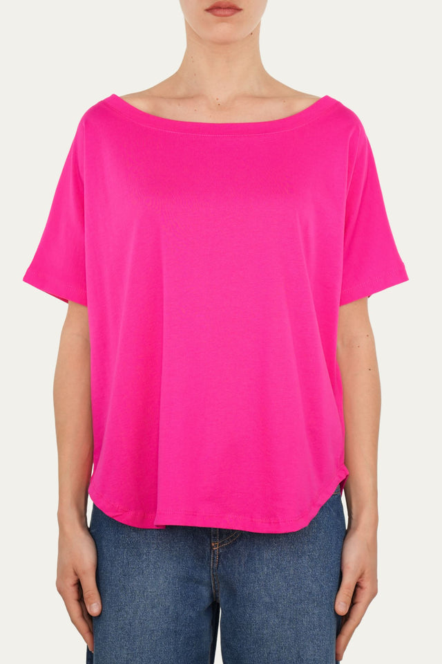 Maglia scollo a barca maniche corte Cotone - Fuxia