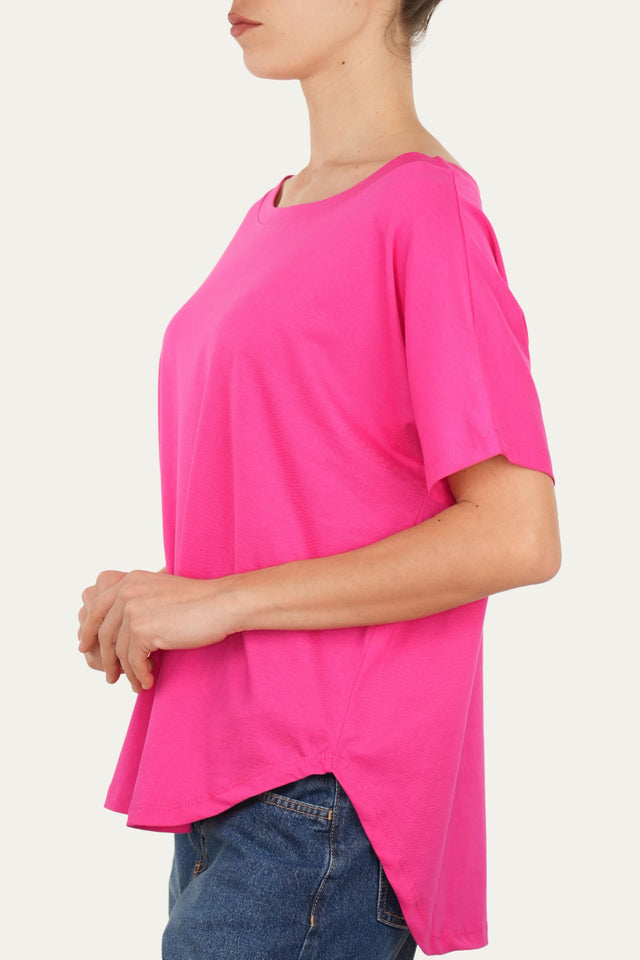 Maglia scollo a barca maniche corte Cotone - Fuxia