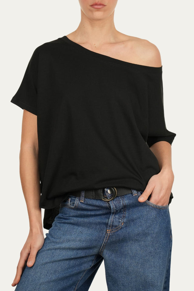 Maglia scollo a barca maniche corte Cotone - Nero