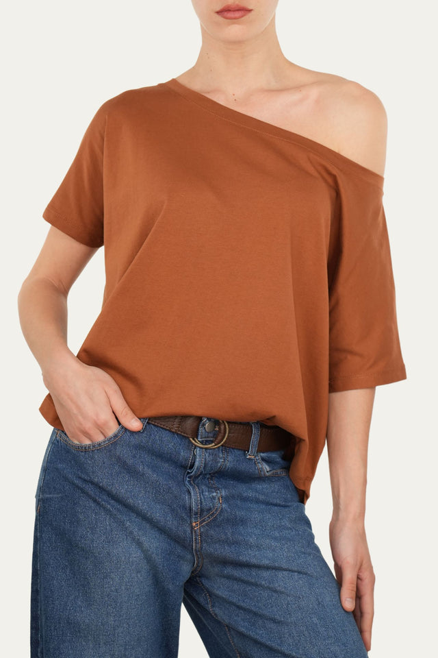 Maglia scollo a barca maniche corte Cotone - Tabacco