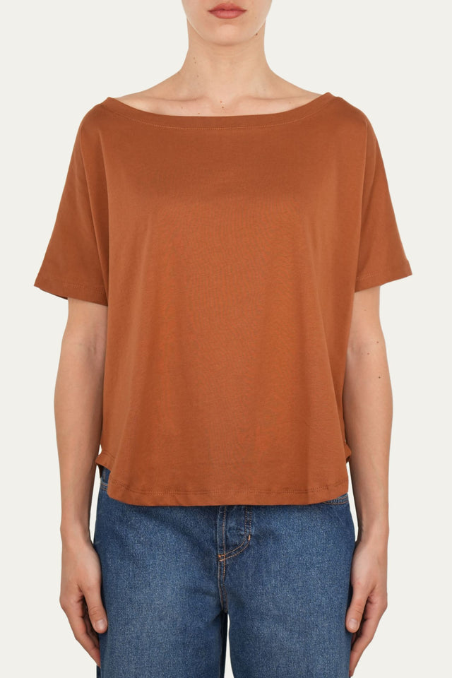 Maglia scollo a barca maniche corte Cotone - Tabacco