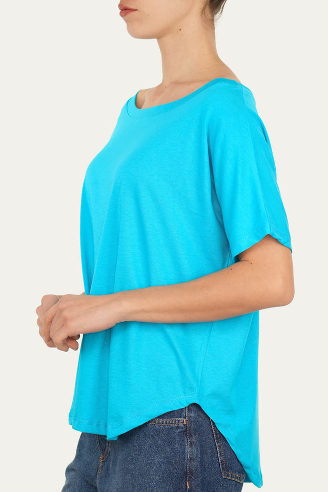 Maglia scollo a barca maniche corte Cotone - Turchese