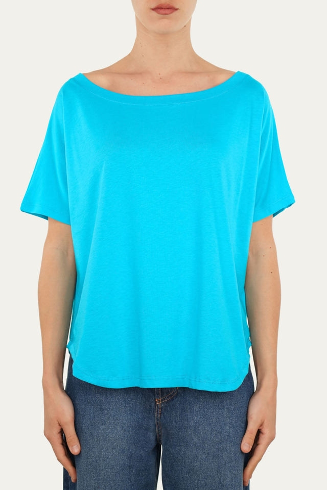 Maglia scollo a barca maniche corte Cotone - Turchese